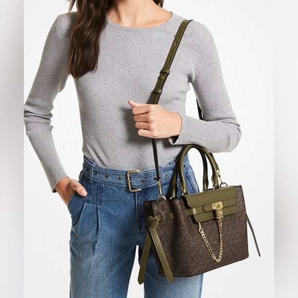 MICHAEL MICHAEL KORS Hamilton Legacy Small Logo Belted Satchel-Color: BRN/OLIVE - Picture 1 of 14